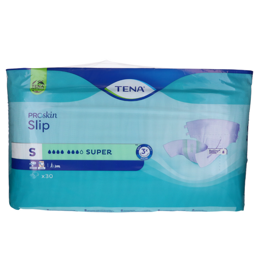 Afbeelding van Tena Slip Super, Small, 30 stuks in een witte en blauwe verpakking.