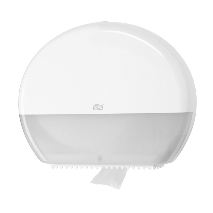 Tork Jumbo Toiletpapier Dispenser, wit/zwart, gemonteerd aan de muur in een moderne sanitaire ruimte, artikelnummer 554000